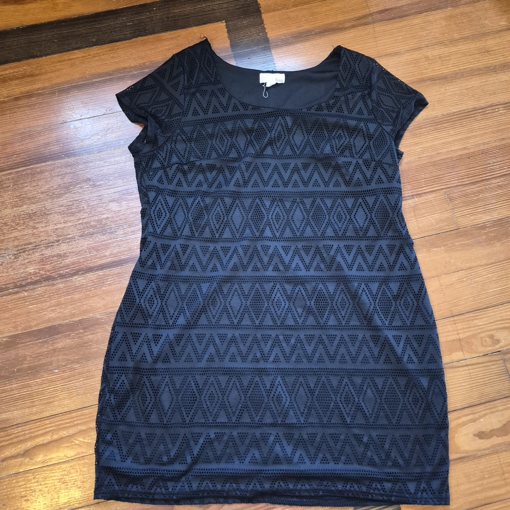 Black Mini Dress with Geometric Lace Overlay